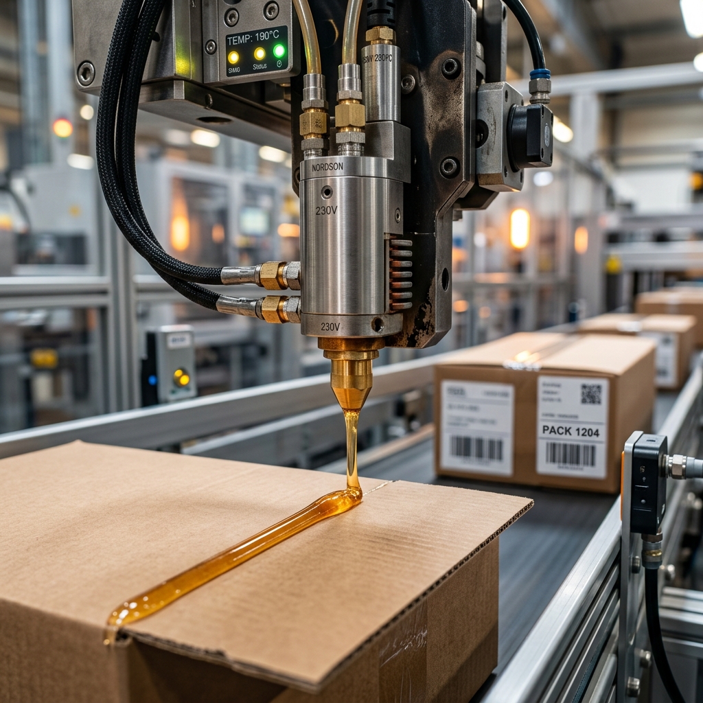 Dispenser nozzle applying precision hot melt adhesive glue on a moving carton flap