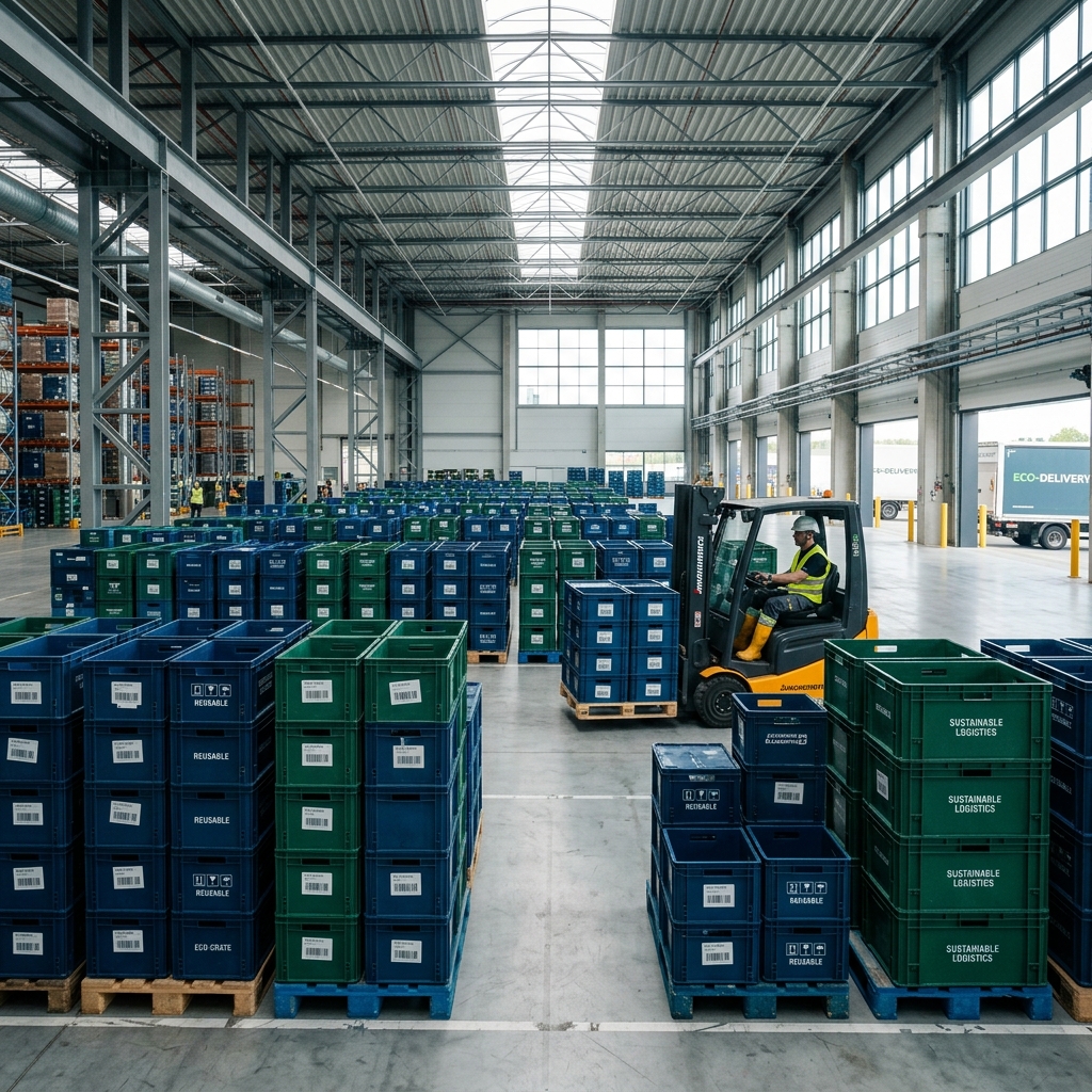 Neatly stacked stackable plastic shipping crates and pallets in a modern warehouse