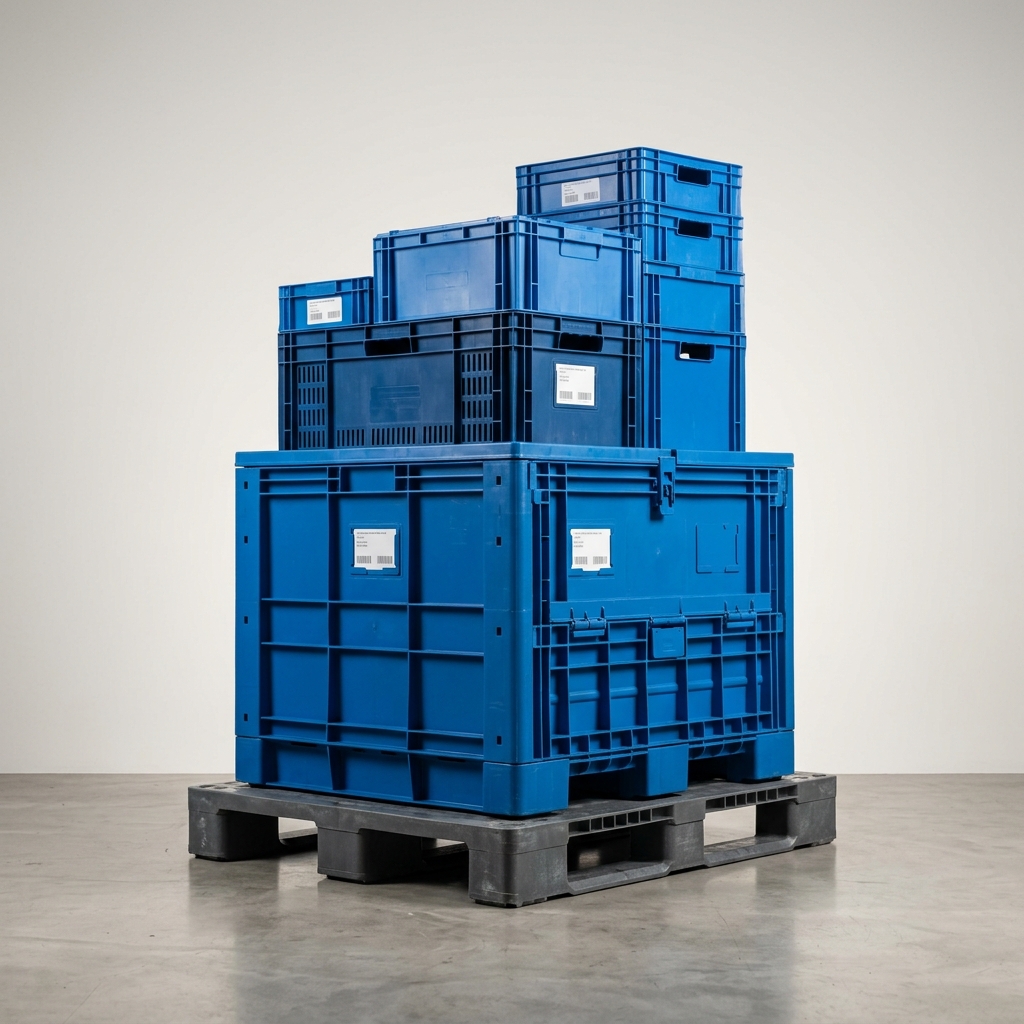 Schoeller Allibert returnable transit packaging blue foldable large container on pallet