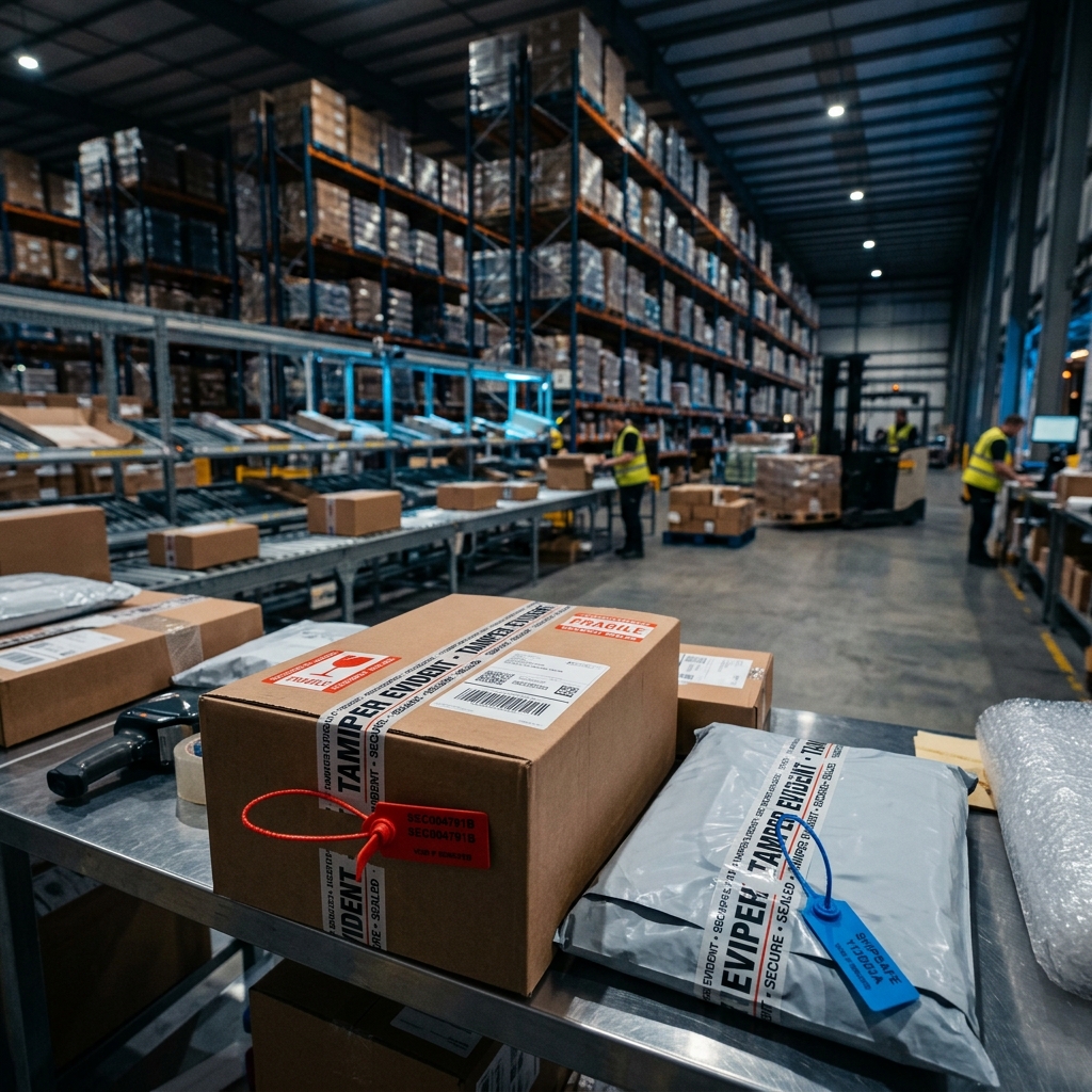 Wide shot of a logistics warehouse with secure packages and high-security pull-tight seals
